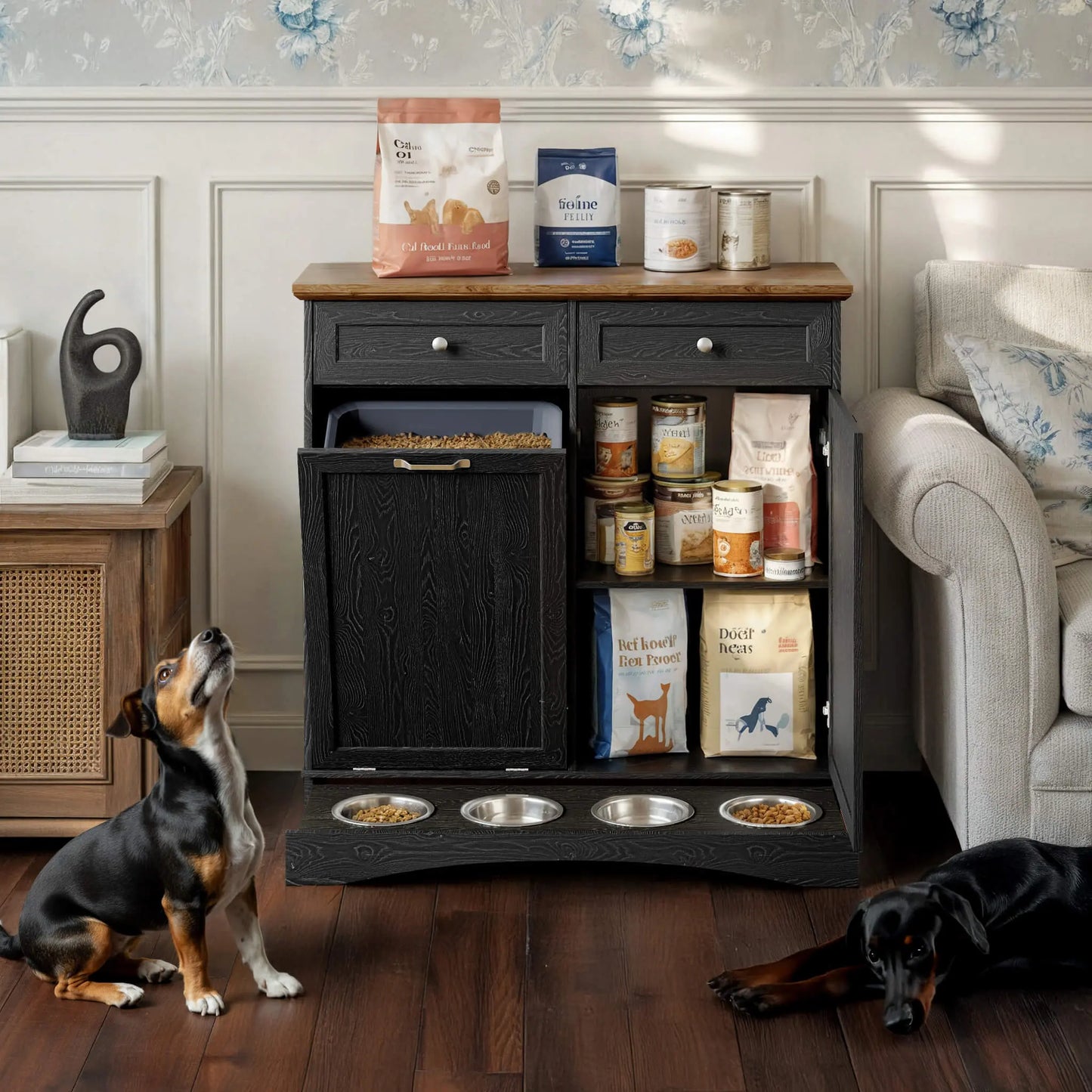 Summervibes Engineered Wood Pet Feeding Station Cabinet - Dual Tiltable Doors for Dog Food & Clothing Storage, Tilt-Out Design with 4 Feeding Bowls for Quick Access Summergarden
