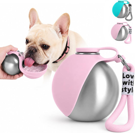 Portable Dog Water Bottle, 10 Oz Stainless Steel Pet Travel Dispenser with Silicone Foldable Bowl, Leak Proof Tumbler, Dog Walking Accessories for Hiking and Small Pets (Pink)