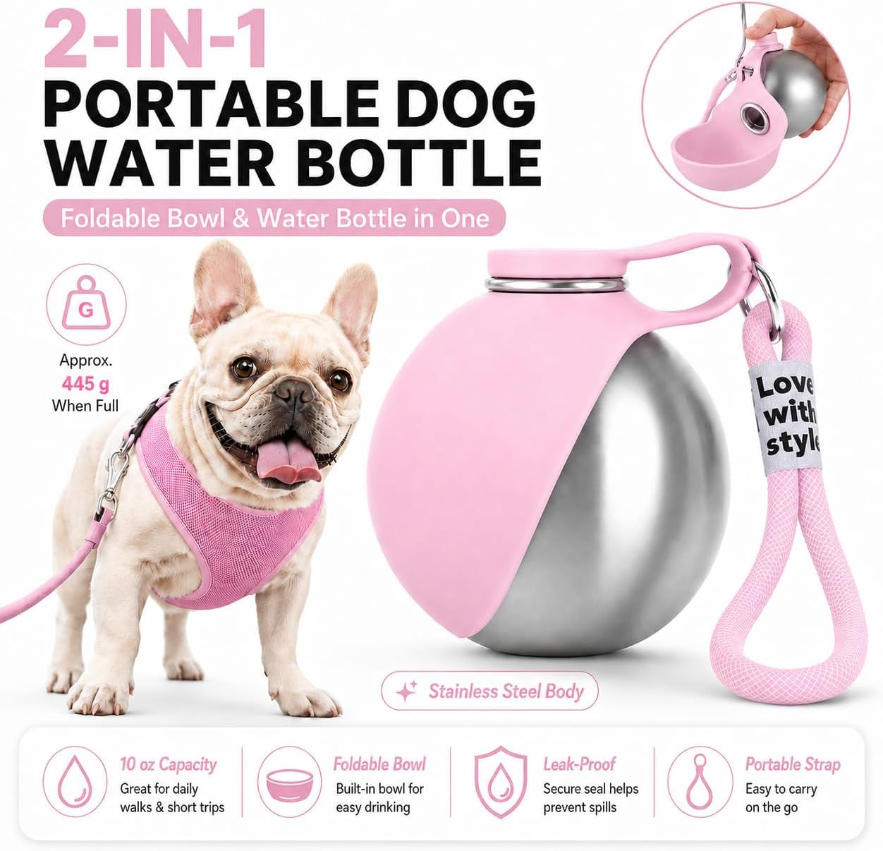 Portable Dog Water Bottle, 10 Oz Stainless Steel Pet Travel Dispenser with Silicone Foldable Bowl, Leak Proof Tumbler, Dog Walking Accessories for Hiking and Small Pets (Pink)