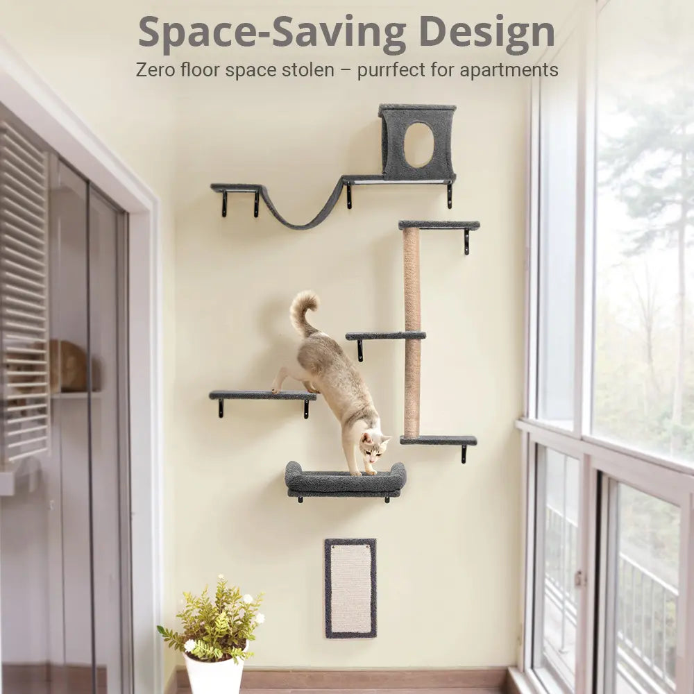 CAVEEN 5 in 1 Cat Climbing Set, Wall Furniture, Cat Wall Shelves Perches Set, Sleeping Playing Lounging Climbing Wall-Mounted Cat Tree House for Multiple Cats, Wall Mounted Cat Climber Set