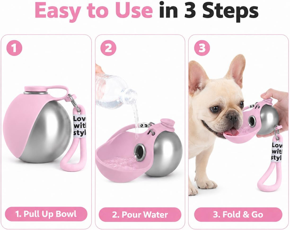 Portable Dog Water Bottle, 10 Oz Stainless Steel Pet Travel Dispenser with Silicone Foldable Bowl, Leak Proof Tumbler, Dog Walking Accessories for Hiking and Small Pets (Pink)