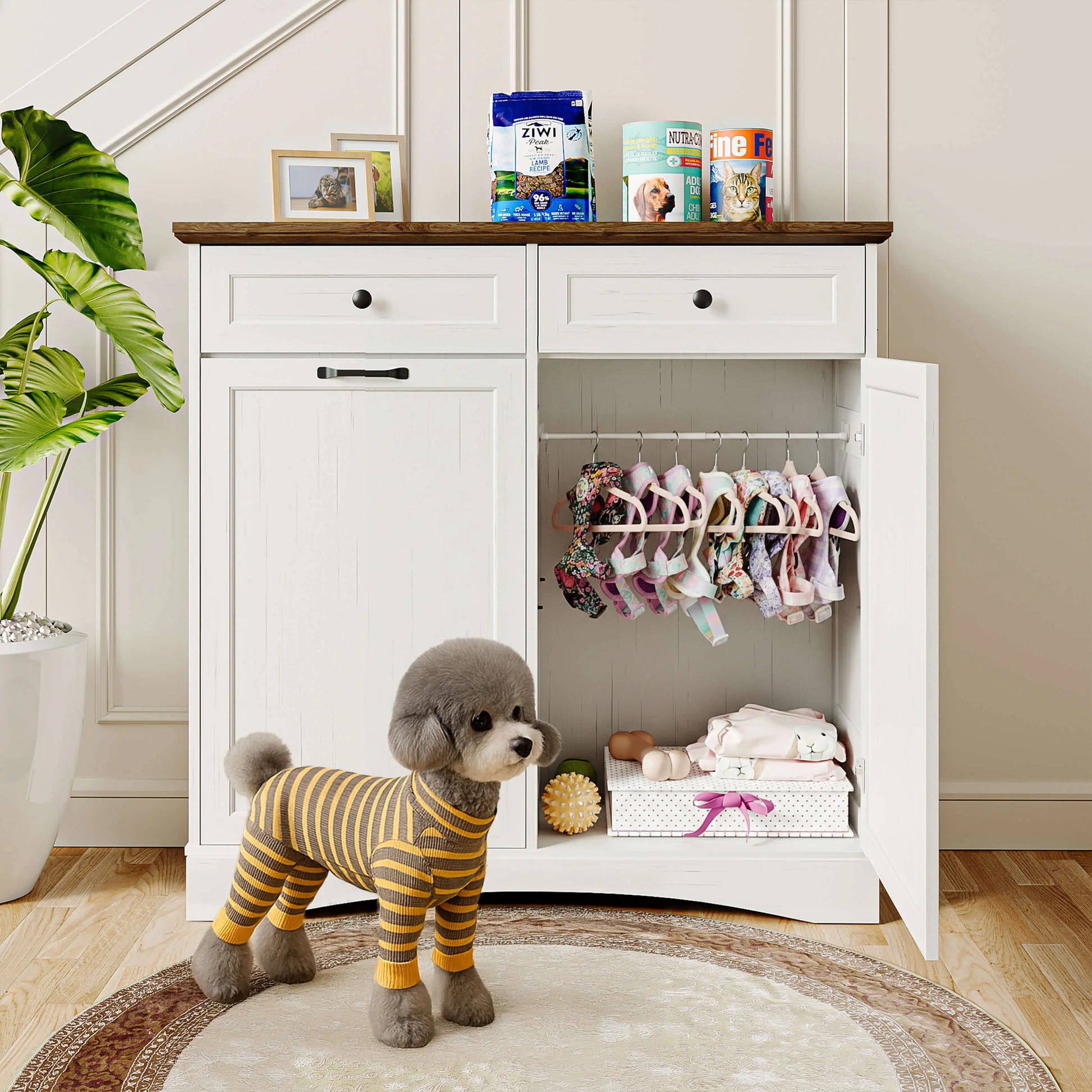 Summervibes Engineered Wood Pet Feeding Station Cabinet - Dual Tiltable Doors for Dog Food & Clothing Storage, Tilt-Out Design with 4 Feeding Bowls for Quick Access Summergarden