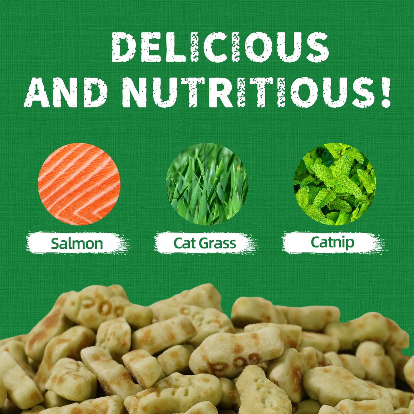JUST TRY 13.4 OZ Cat Grass Treats Natural Salmon Flavor Healthy Cat Snacks Training Biscuits Catnip for Cats Dental and Hairball Control Treats Remedy Chews