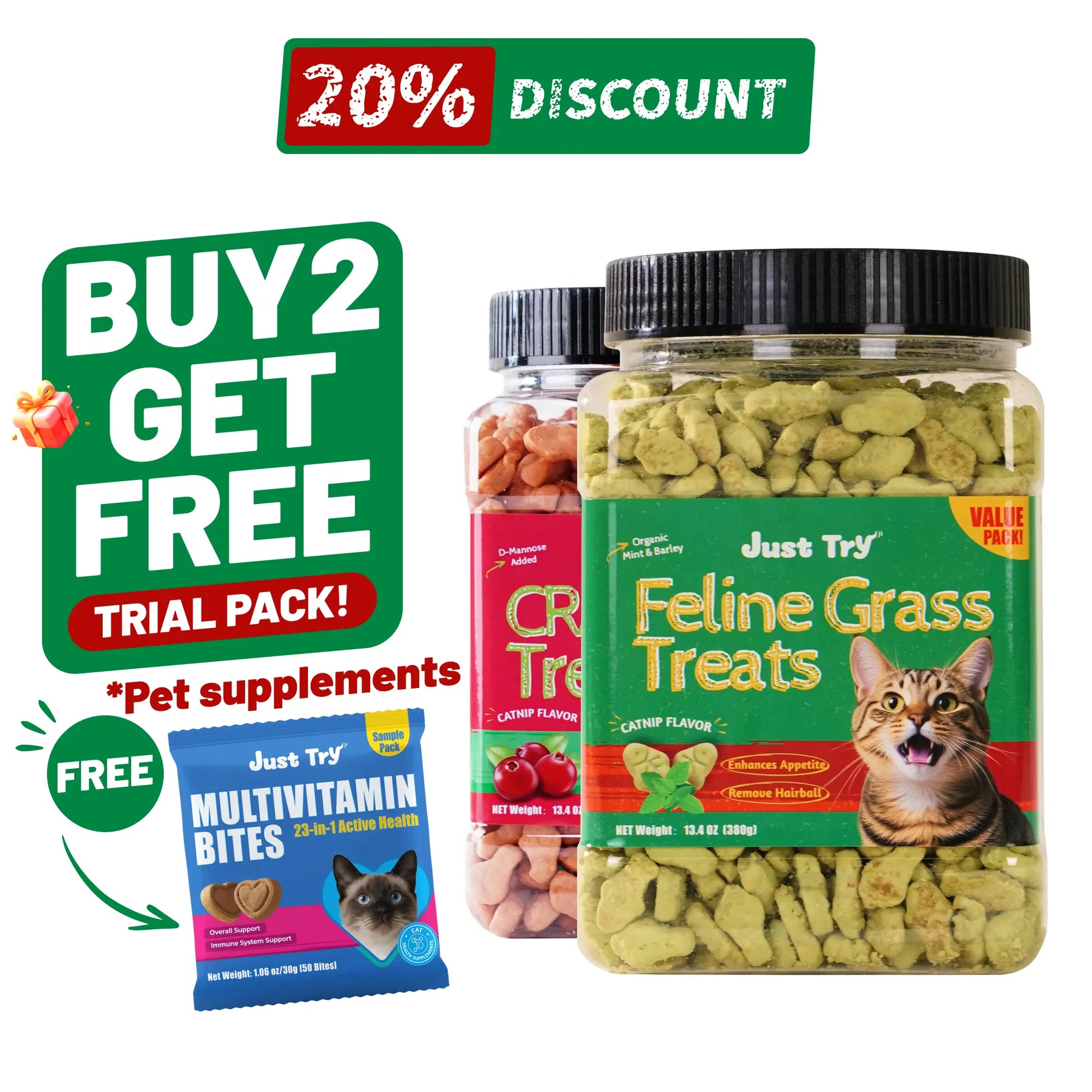 JUST TRY 13.4 OZ Cat Grass Treats Natural Salmon Flavor Healthy Cat Snacks Training Biscuits Catnip for Cats Dental and Hairball Control Treats Remedy Chews