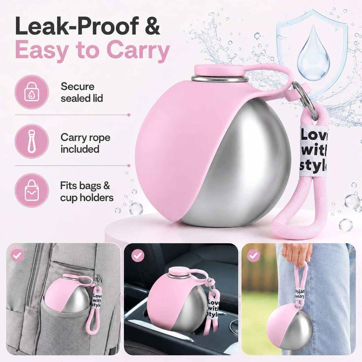 Portable Dog Water Bottle, 10 Oz Stainless Steel Pet Travel Dispenser with Silicone Foldable Bowl, Leak Proof Tumbler, Dog Walking Accessories for Hiking and Small Pets (Pink)