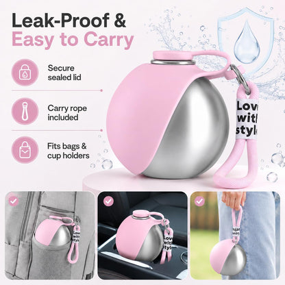 Portable Dog Water Bottle, 10 Oz Stainless Steel Pet Travel Dispenser with Silicone Foldable Bowl, Leak Proof Tumbler, Dog Walking Accessories for Hiking and Small Pets (Pink)
