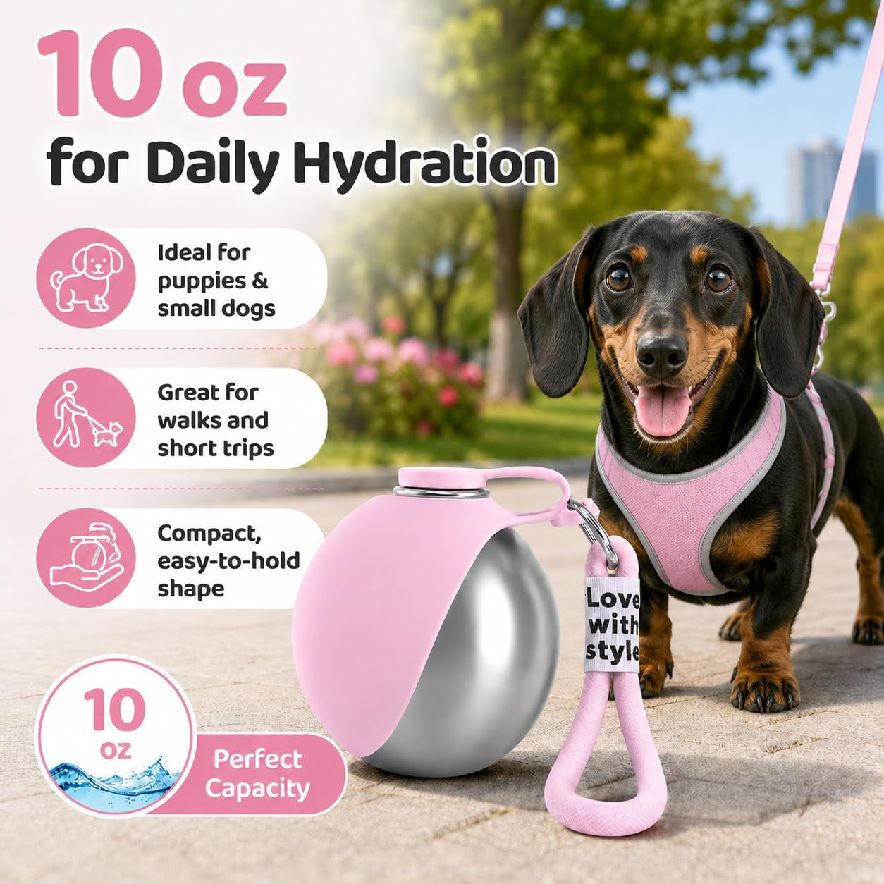 Portable Dog Water Bottle, 10 Oz Stainless Steel Pet Travel Dispenser with Silicone Foldable Bowl, Leak Proof Tumbler, Dog Walking Accessories for Hiking and Small Pets (Pink)