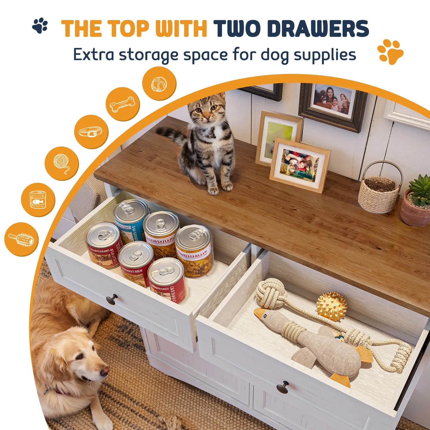 Summervibes Engineered Wood Pet Feeding Station Cabinet - Dual Tiltable Doors for Dog Food & Clothing Storage, Tilt-Out Design with 4 Feeding Bowls for Quick Access Summergarden