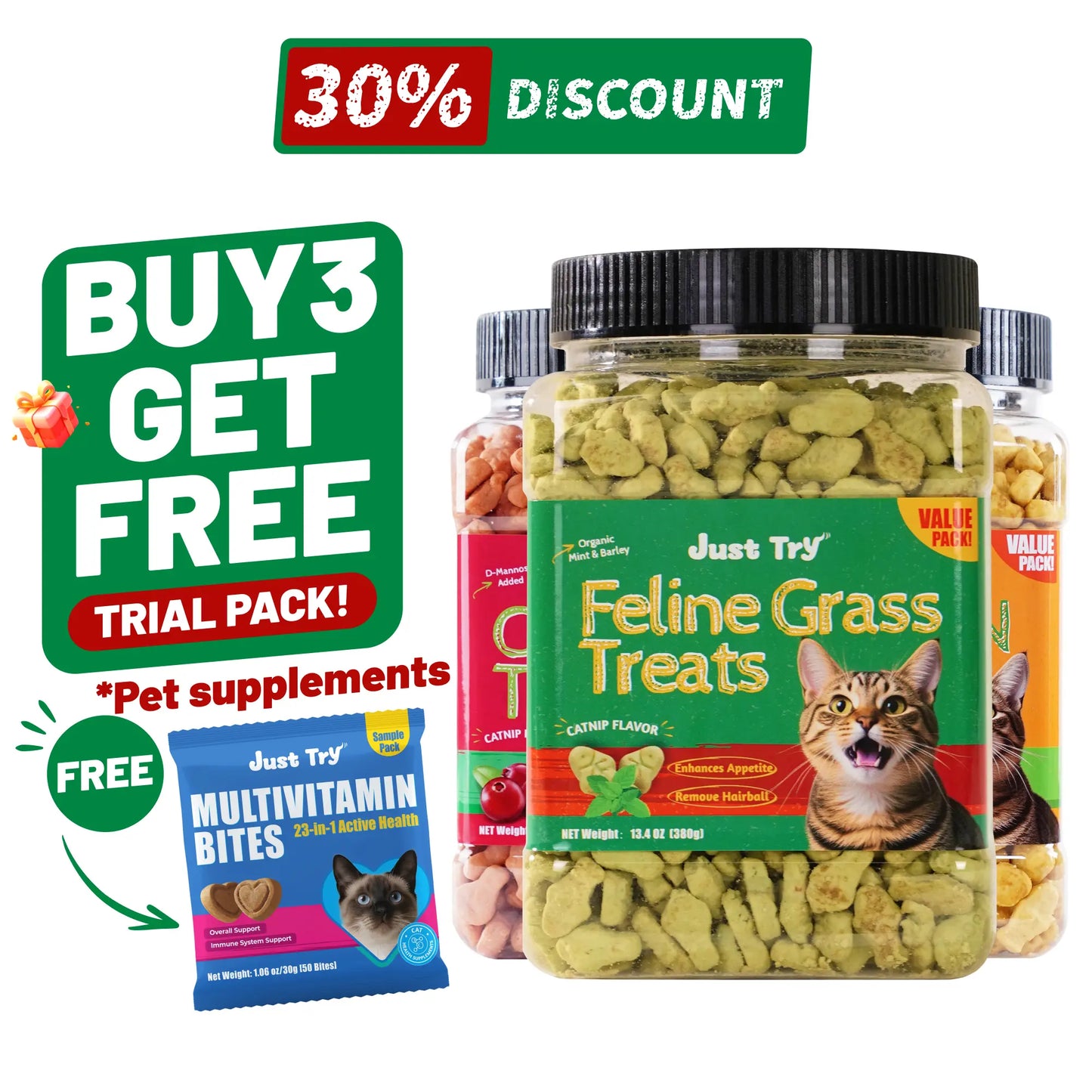 JUST TRY 13.4 OZ Cat Grass Treats Natural Salmon Flavor Healthy Cat Snacks Training Biscuits Catnip for Cats Dental and Hairball Control Treats Remedy Chews