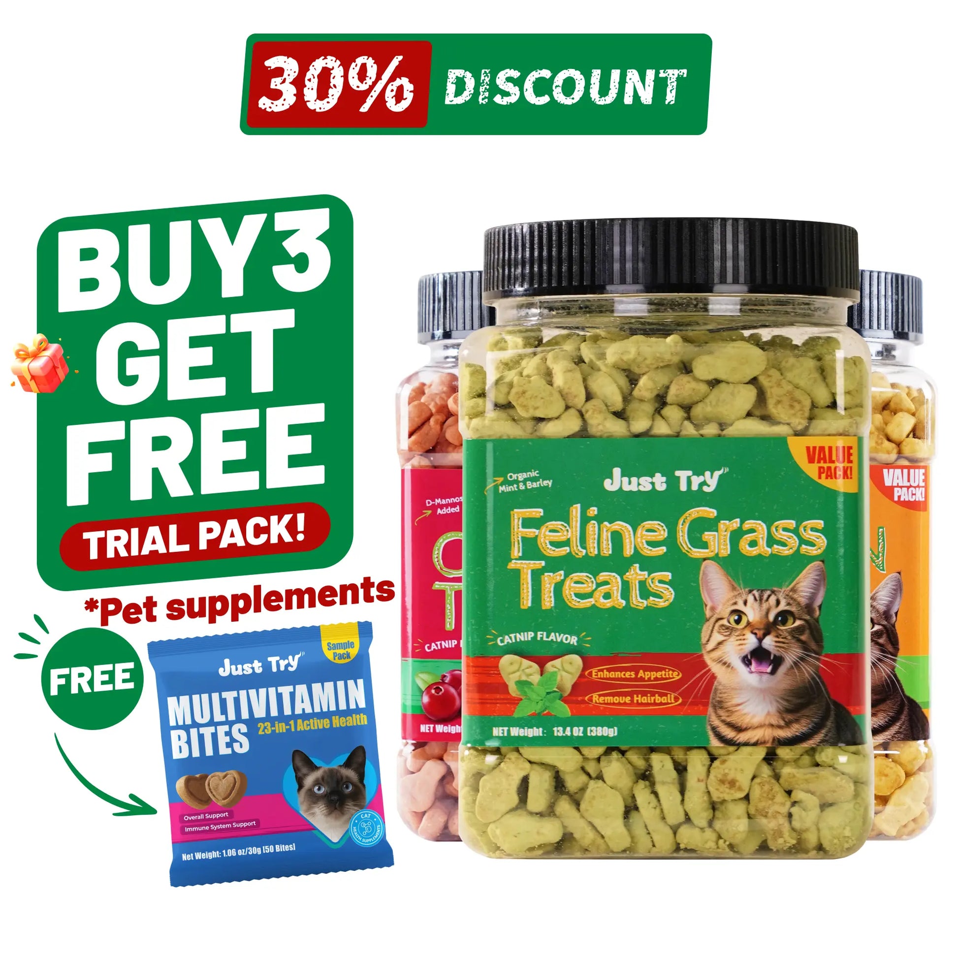 JUST TRY 13.4 OZ Cat Grass Treats Natural Salmon Flavor Healthy Cat Snacks Training Biscuits Catnip for Cats Dental and Hairball Control Treats Remedy Chews