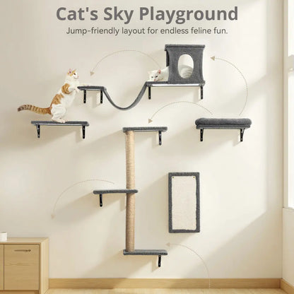 CAVEEN 5 in 1 Cat Climbing Set, Wall Furniture, Cat Wall Shelves Perches Set, Sleeping Playing Lounging Climbing Wall-Mounted Cat Tree House for Multiple Cats, Wall Mounted Cat Climber Set
