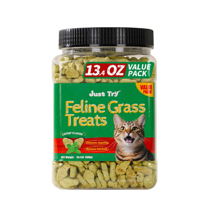 JUST TRY 13.4 OZ Cat Grass Treats Natural Salmon Flavor Healthy Cat Snacks Training Biscuits Catnip for Cats Dental and Hairball Control Treats Remedy Chews