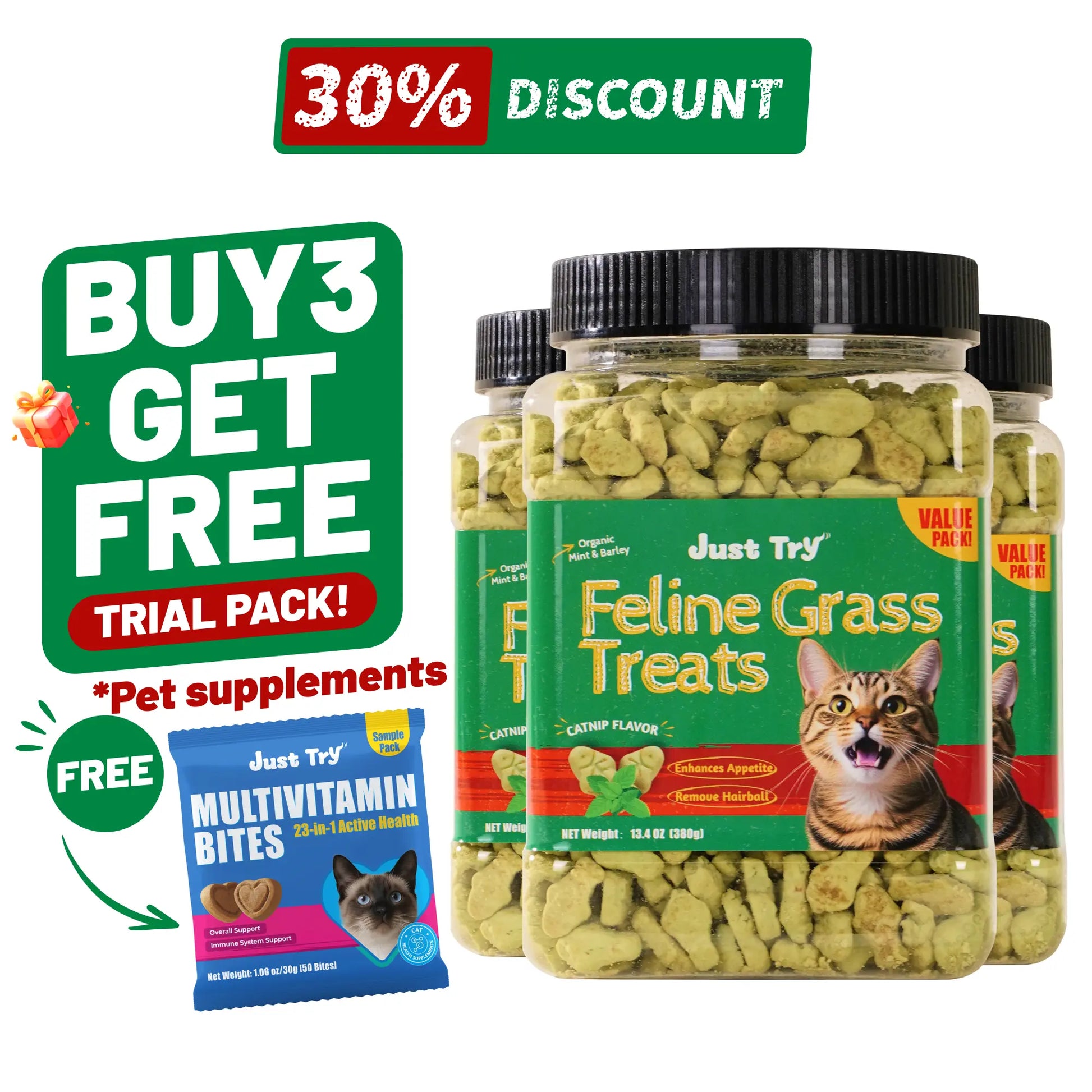 JUST TRY 13.4 OZ Cat Grass Treats Natural Salmon Flavor Healthy Cat Snacks Training Biscuits Catnip for Cats Dental and Hairball Control Treats Remedy Chews