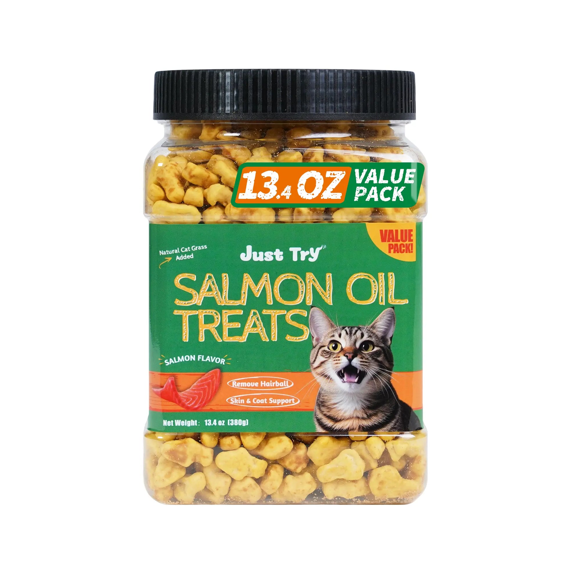 JUST TRY 13.4 OZ Cat Grass Treats Natural Salmon Flavor Healthy Cat Snacks Training Biscuits Catnip for Cats Dental and Hairball Control Treats Remedy Chews