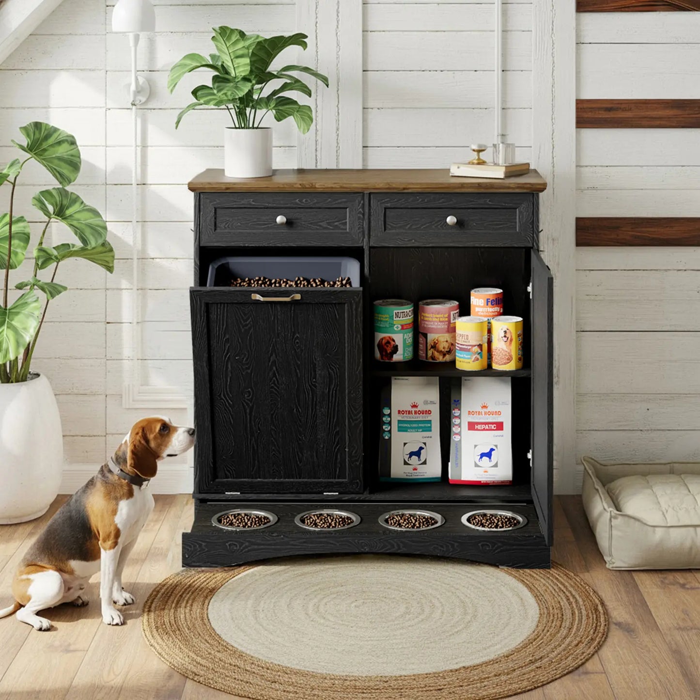 Summervibes Engineered Wood Pet Feeding Station Cabinet - Dual Tiltable Doors for Dog Food & Clothing Storage, Tilt-Out Design with 4 Feeding Bowls for Quick Access Summergarden