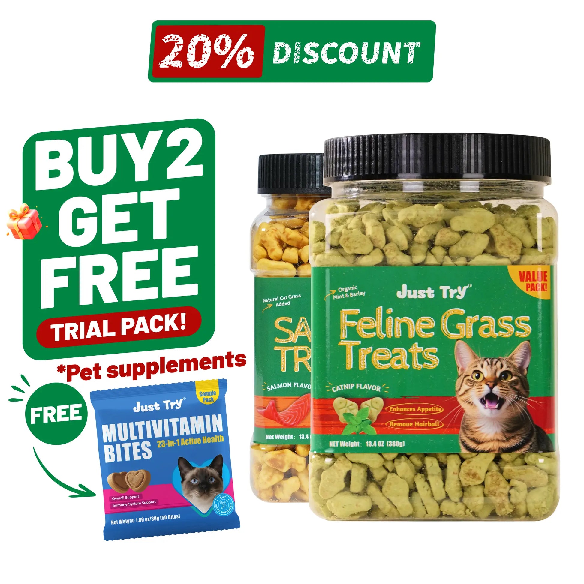 JUST TRY 13.4 OZ Cat Grass Treats Natural Salmon Flavor Healthy Cat Snacks Training Biscuits Catnip for Cats Dental and Hairball Control Treats Remedy Chews