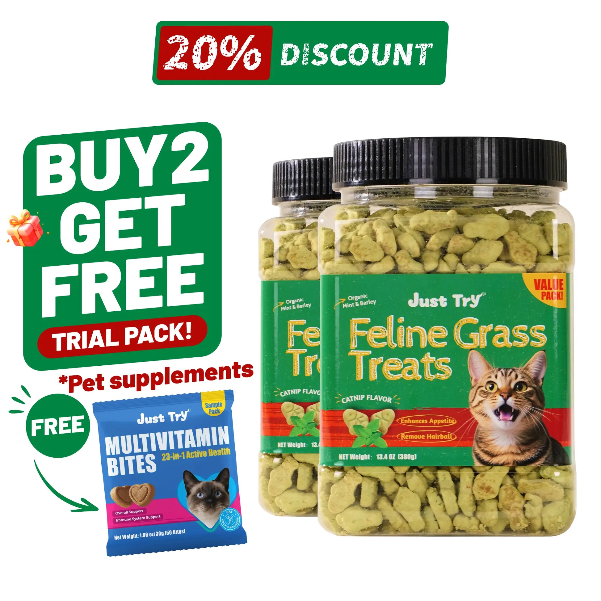 JUST TRY 13.4 OZ Cat Grass Treats Natural Salmon Flavor Healthy Cat Snacks Training Biscuits Catnip for Cats Dental and Hairball Control Treats Remedy Chews