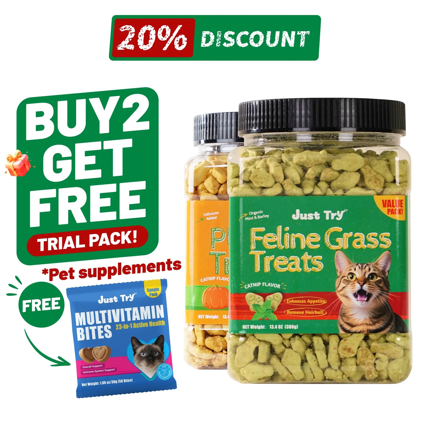 JUST TRY 13.4 OZ Cat Grass Treats Natural Salmon Flavor Healthy Cat Snacks Training Biscuits Catnip for Cats Dental and Hairball Control Treats Remedy Chews