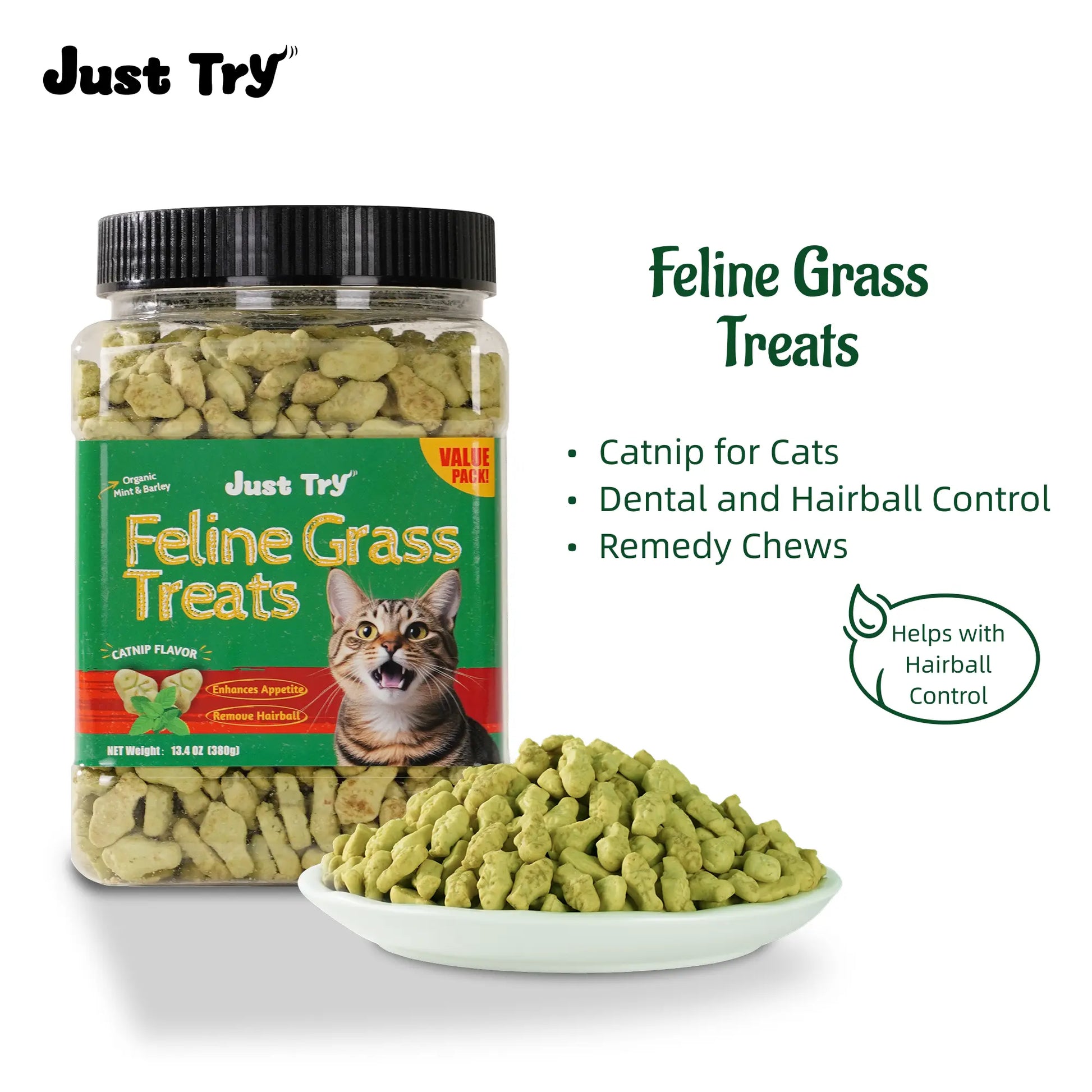 JUST TRY 13.4 OZ Cat Grass Treats Natural Salmon Flavor Healthy Cat Snacks Training Biscuits Catnip for Cats Dental and Hairball Control Treats Remedy Chews