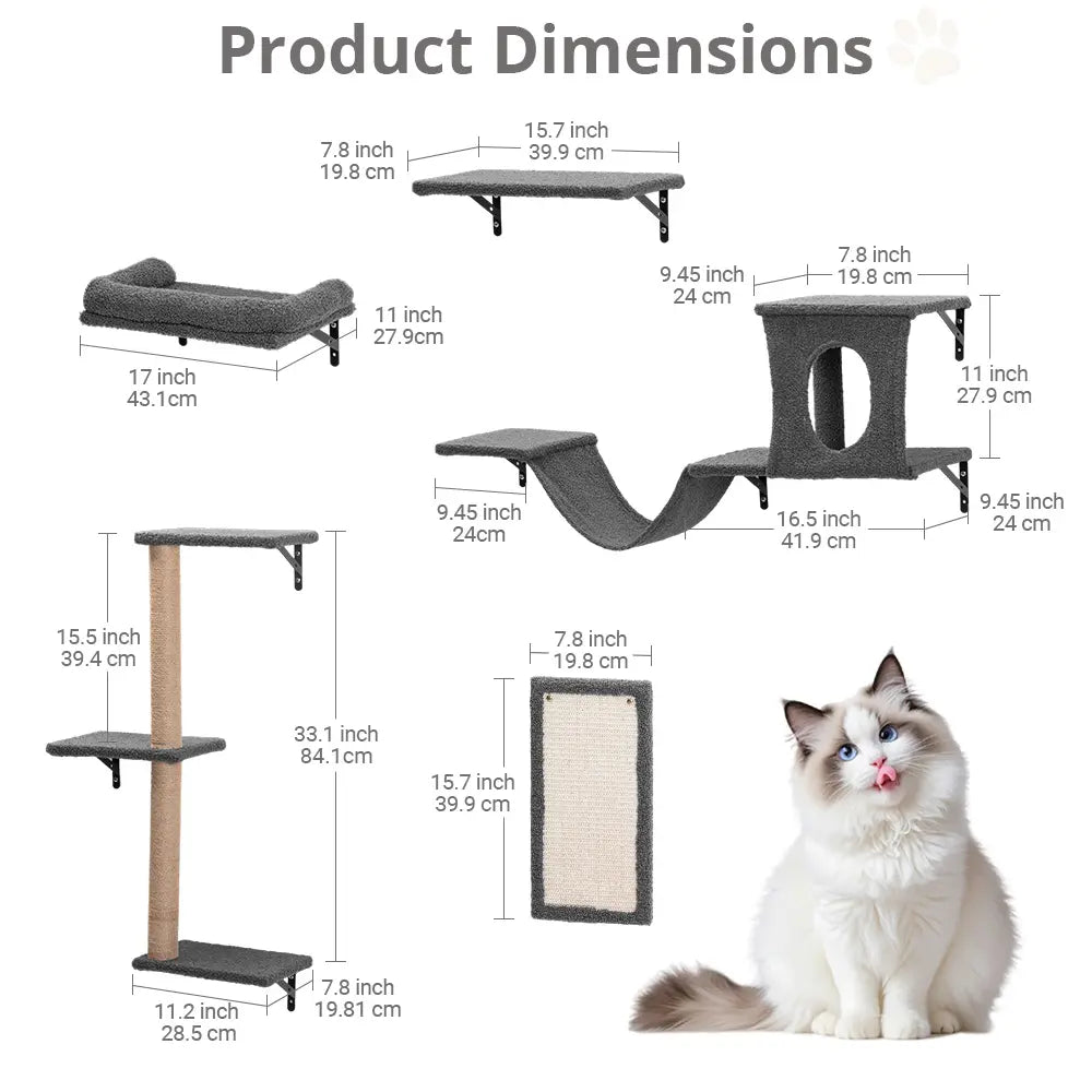 CAVEEN 5 in 1 Cat Climbing Set, Wall Furniture, Cat Wall Shelves Perches Set, Sleeping Playing Lounging Climbing Wall-Mounted Cat Tree House for Multiple Cats, Wall Mounted Cat Climber Set